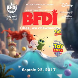 Create an image inspired by BFDI (Battle for Dream Island) in collaboration with Amerne Flims, Jelly Bros, Vyond Young Productions, Grome TV, Pixar, and Disney