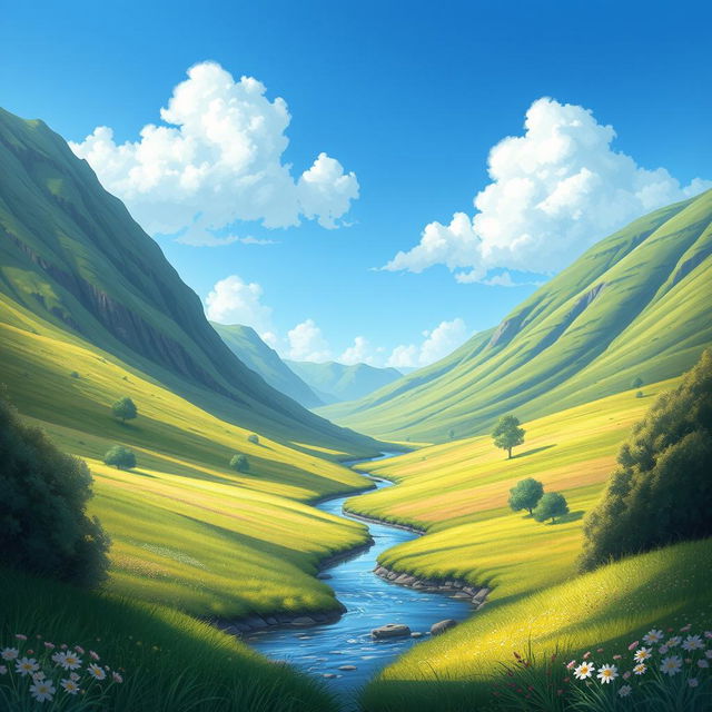 A beautifully detailed landscape of a serene countryside with rolling hills, a clear blue sky, and a small river flowing through the middle