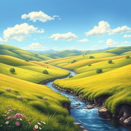 A beautifully detailed landscape of a serene countryside with rolling hills, a clear blue sky, and a small river flowing through the middle