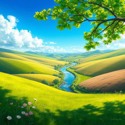 A beautifully detailed landscape of a serene countryside with rolling hills, a clear blue sky, and a small river flowing through the middle