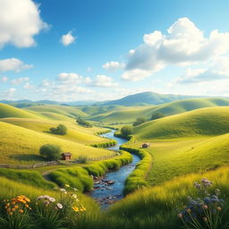 A beautifully detailed landscape of a serene countryside with rolling hills, a clear blue sky, and a small river flowing through the middle