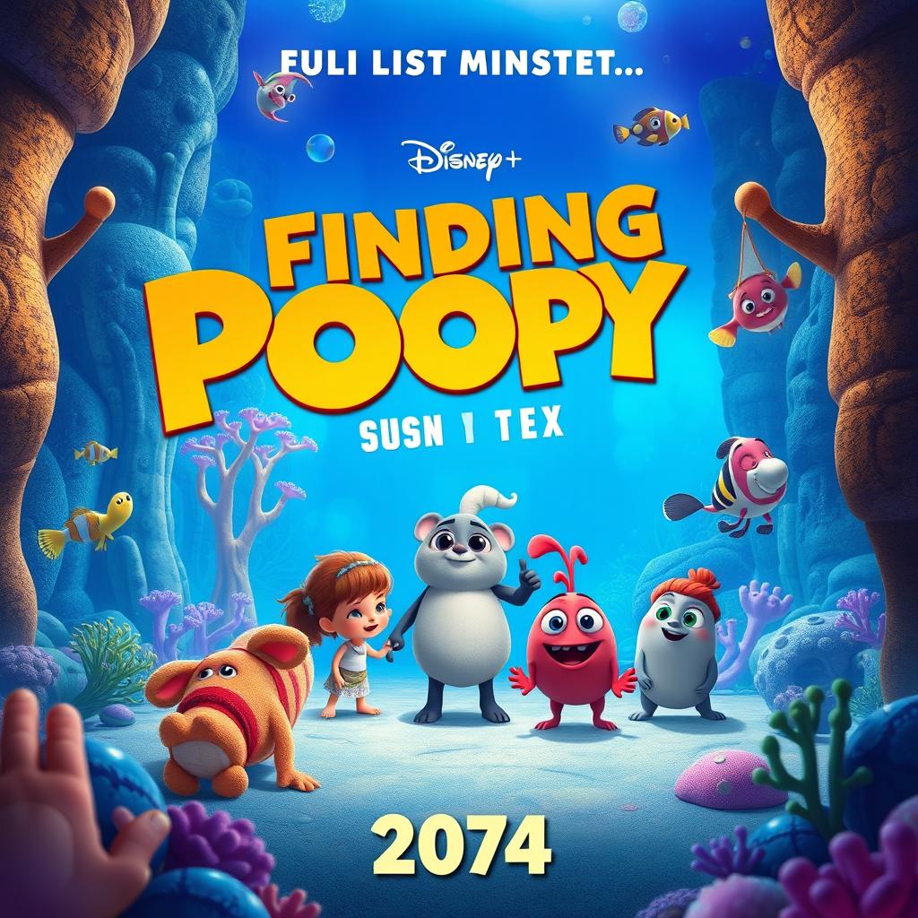 Create a vibrant and whimsical movie poster for 'Finding Poopy,' set in the year 2074