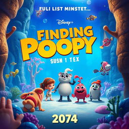 Create a vibrant and whimsical movie poster for 'Finding Poopy,' set in the year 2074