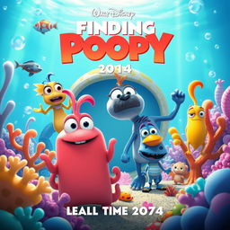 Create a vibrant and whimsical movie poster for 'Finding Poopy,' set in the year 2074