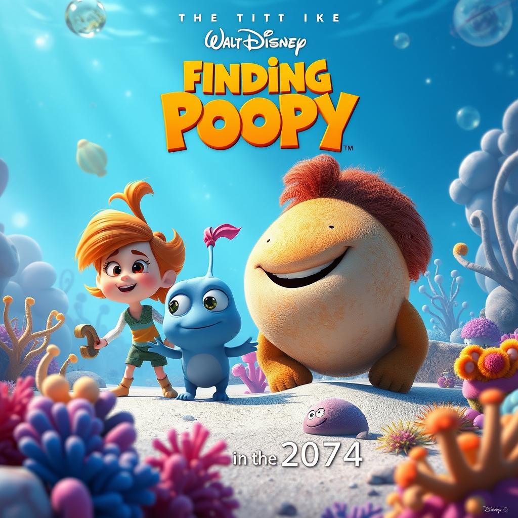 Create a vibrant and whimsical movie poster for 'Finding Poopy,' set in the year 2074