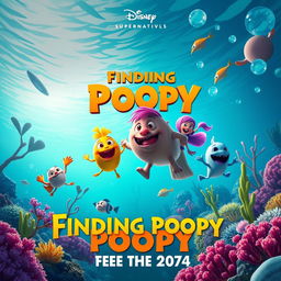 Create a vibrant and whimsical movie poster for 'Finding Poopy,' set in the year 2074