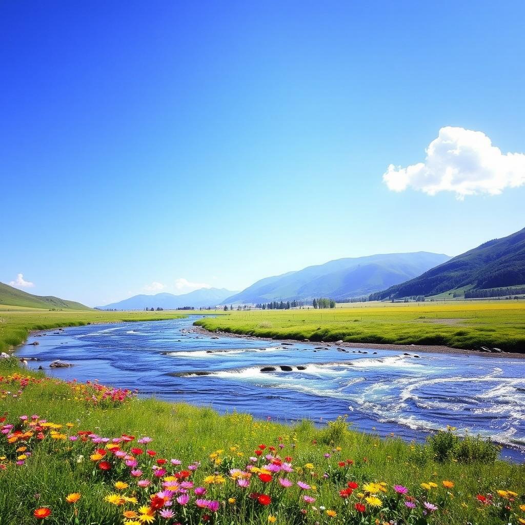 A serene landscape featuring a clear blue sky, a flowing river, and a lush green meadow with colorful flowers