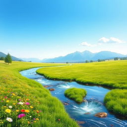 A serene landscape featuring a clear blue sky, a flowing river, and a lush green meadow with colorful flowers