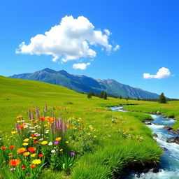 A serene landscape featuring a clear blue sky, a flowing river, and a lush green meadow with colorful flowers