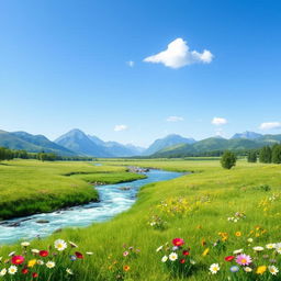 A serene landscape featuring a clear blue sky, a flowing river, and a lush green meadow with colorful flowers