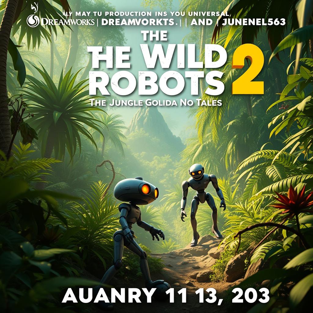 Create an image for a movie titled 'The Wild Robots 2: The Jungle Golida No Tales', produced by May Tu Productions, Dreamworks, and Universal, set to release on January 14, 2033