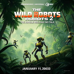 Create an image for a movie titled 'The Wild Robots 2: The Jungle Golida No Tales', produced by May Tu Productions, Dreamworks, and Universal, set to release on January 14, 2033