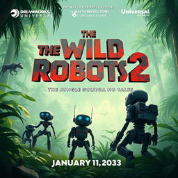 Create an image for a movie titled 'The Wild Robots 2: The Jungle Golida No Tales', produced by May Tu Productions, Dreamworks, and Universal, set to release on January 14, 2033