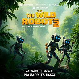 Create an image for a movie titled 'The Wild Robots 2: The Jungle Golida No Tales', produced by May Tu Productions, Dreamworks, and Universal, set to release on January 14, 2033