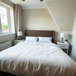 A cozy bedroom featuring a comfortable bed with a soft duvet and two nightstands on either side