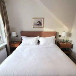 A cozy bedroom featuring a comfortable bed with a soft duvet and two nightstands on either side