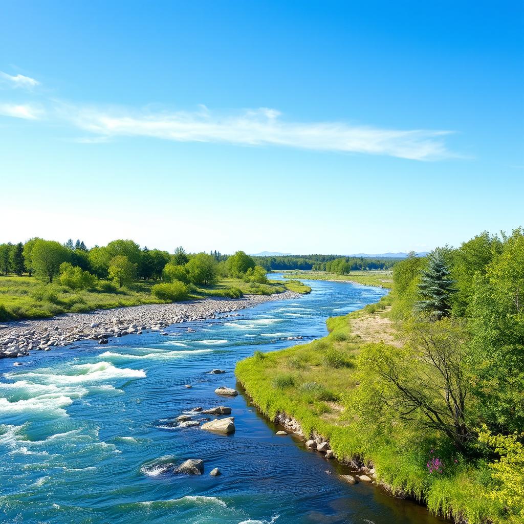 Create an image that depicts a peaceful and serene landscape with a clear blue sky, a flowing river, and lush green trees