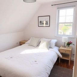 A cozy bedroom featuring a comfortable bed with a soft duvet and two nightstands on either side