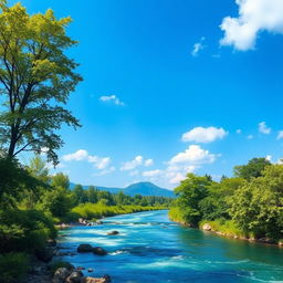 Create an image that depicts a peaceful and serene landscape with a clear blue sky, a flowing river, and lush green trees