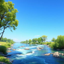 Create an image that depicts a peaceful and serene landscape with a clear blue sky, a flowing river, and lush green trees