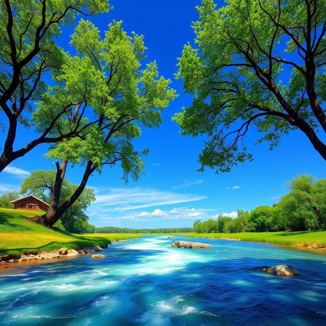 Create an image that depicts a peaceful and serene landscape with a clear blue sky, a flowing river, and lush green trees