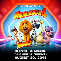 A promotional poster for Madagascar 4 titled 'The Star BST Time Cheetos' by Dreamworks and Universal, set to release on August 20, 2096