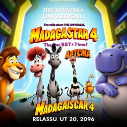 A promotional poster for Madagascar 4 titled 'The Star BST Time Cheetos' by Dreamworks and Universal, set to release on August 20, 2096