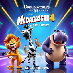A promotional poster for Madagascar 4 titled 'The Star BST Time Cheetos' by Dreamworks and Universal, set to release on August 20, 2096