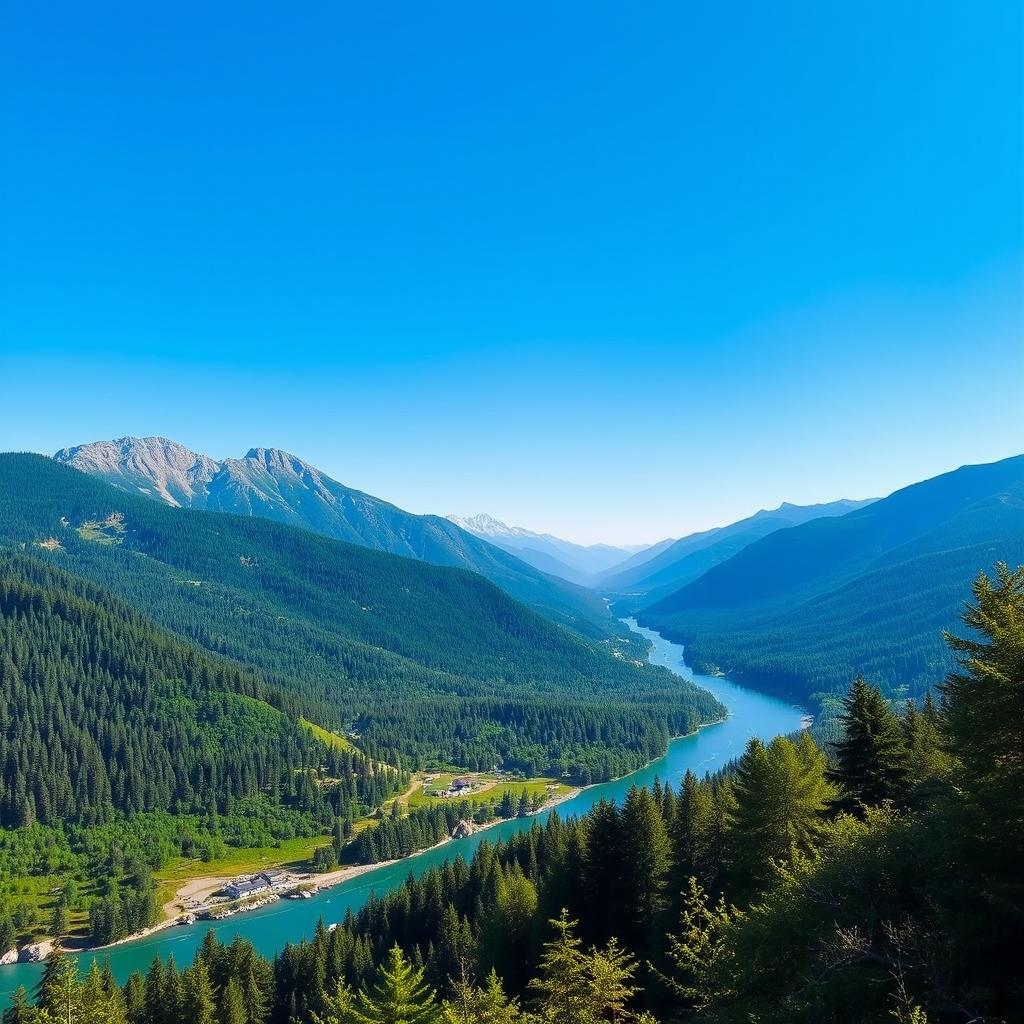 A beautiful landscape of a serene mountain range with a clear blue sky, lush green forests, and a tranquil river flowing through the valley