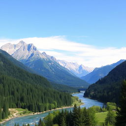 A beautiful landscape of a serene mountain range with a clear blue sky, lush green forests, and a tranquil river flowing through the valley