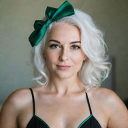 Boudoir photo of a girl 30 years, average build, with white hair in black swimsuit. Proportional long square facial features, dimples in the cheeks, bow lips, large black eyebrows, smooth green medium eyes, swarthy skin.