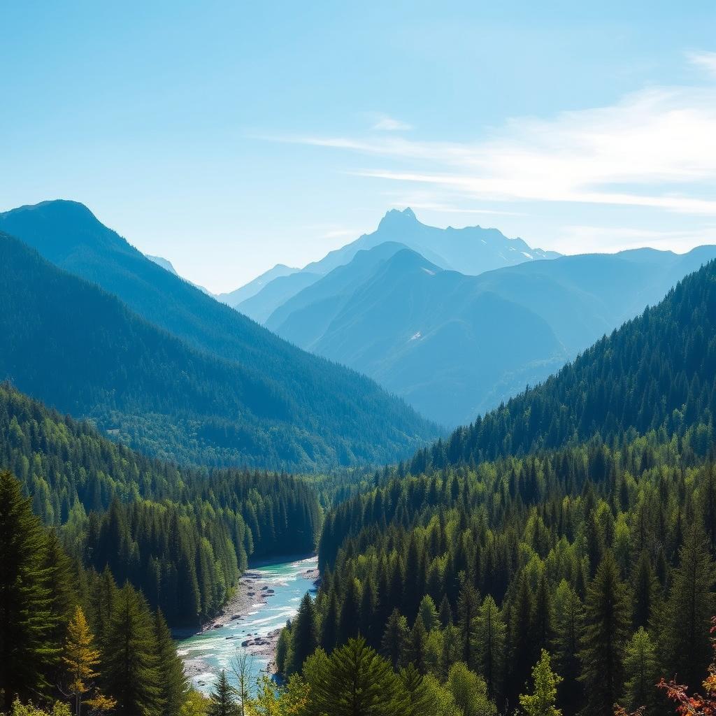 A beautiful landscape of a serene mountain range with a clear blue sky, lush green forests, and a tranquil river flowing through the valley