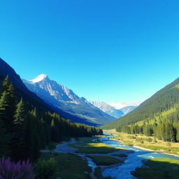 A beautiful landscape of a serene mountain range with a clear blue sky, lush green forests, and a tranquil river flowing through the valley