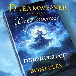 A captivating book cover for 'The Dreamweaver Chronicles', featuring a mystical landscape with a dreamlike quality