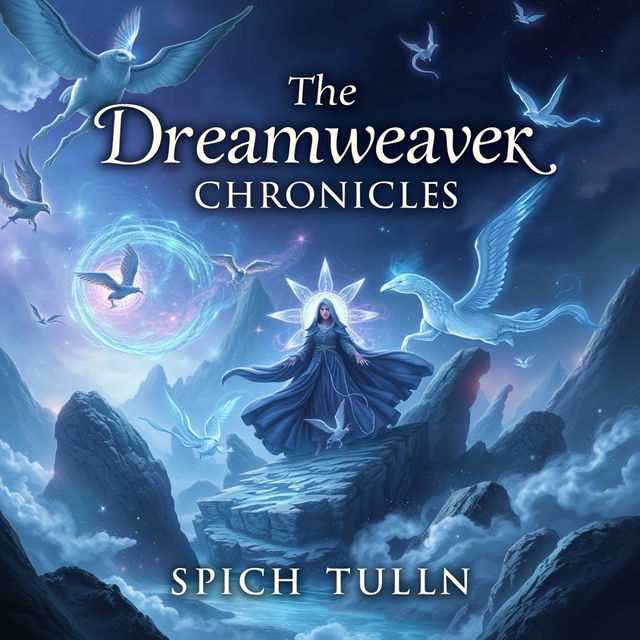 A captivating book cover for 'The Dreamweaver Chronicles', featuring a mystical landscape with a dreamlike quality