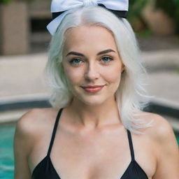 Boudoir photo of a girl 30 years, average build, with white hair in black swimsuit. Proportional long square facial features, dimples in the cheeks, bow lips, large black eyebrows, smooth green medium eyes, swarthy skin.