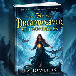 A captivating book cover for 'The Dreamweaver Chronicles', featuring a mystical landscape with a dreamlike quality