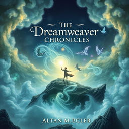 A captivating book cover for 'The Dreamweaver Chronicles', featuring a mystical landscape with a dreamlike quality