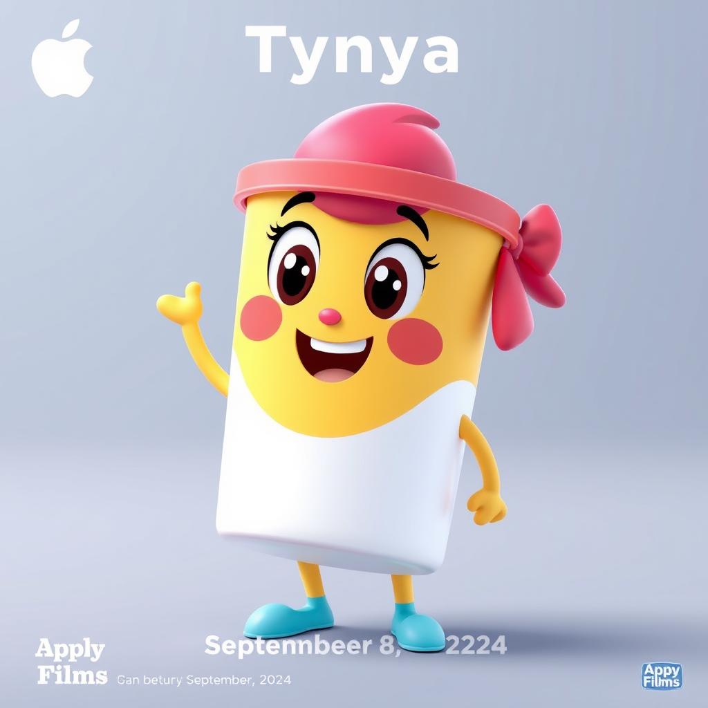 Create an image of Tynya, the cup mascot from Apple Appy Films, set to debut on September 8, 2024