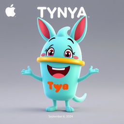 Create an image of Tynya, the cup mascot from Apple Appy Films, set to debut on September 8, 2024