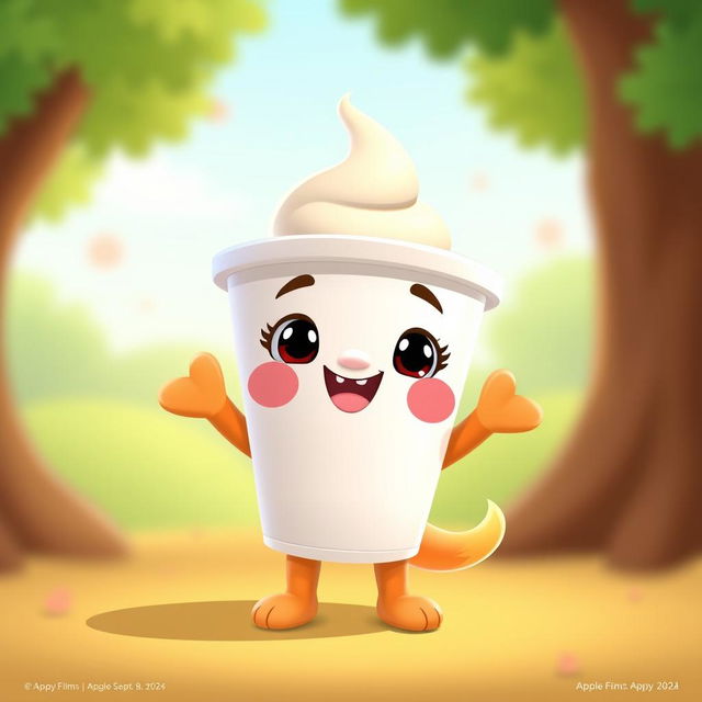 Create an image of Tynya, the cup mascot from Apple Appy Films, set to debut on September 8, 2024