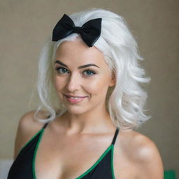 Boudoir photo of a girl 30 years, average build, with white hair in black swimsuit. Proportional long square facial features, dimples in the cheeks, bow lips, large black eyebrows, smooth green medium eyes, swarthy skin.