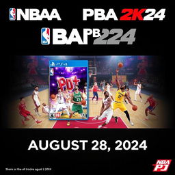 A promotional image for the NBA & PBA 2K24 video game, set to release on August 28, 2024