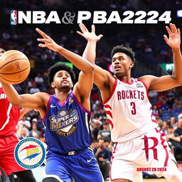 Create a dynamic and exciting basketball scene featuring the San Mig Super Coffee Mixers playing against the Houston Rockets