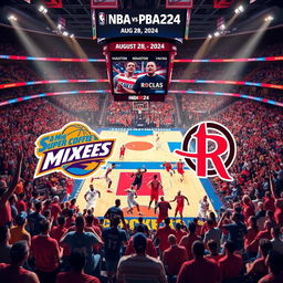 Create a dynamic and exciting scene depicting a basketball game between the San Mig Super Coffee Mixers and the Houston Rockets