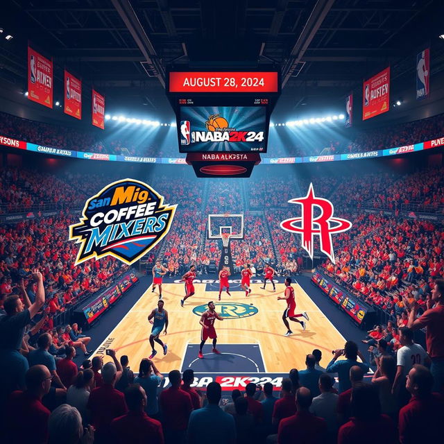 Create a dynamic and exciting scene depicting a basketball game between the San Mig Super Coffee Mixers and the Houston Rockets