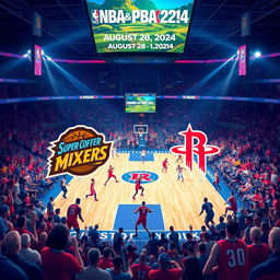 Create a dynamic and exciting scene depicting a basketball game between the San Mig Super Coffee Mixers and the Houston Rockets