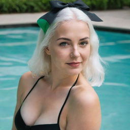 Boudoir photo of a girl 30 years, average build, with white hair in black swimsuit swimming. Proportional long square facial features, dimples in the cheeks, bow lips, large black eyebrows, smooth green medium eyes, swarthy skin.