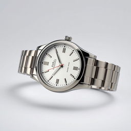 A highly detailed, elegant wristwatch with a sleek metal band and a sophisticated clock face