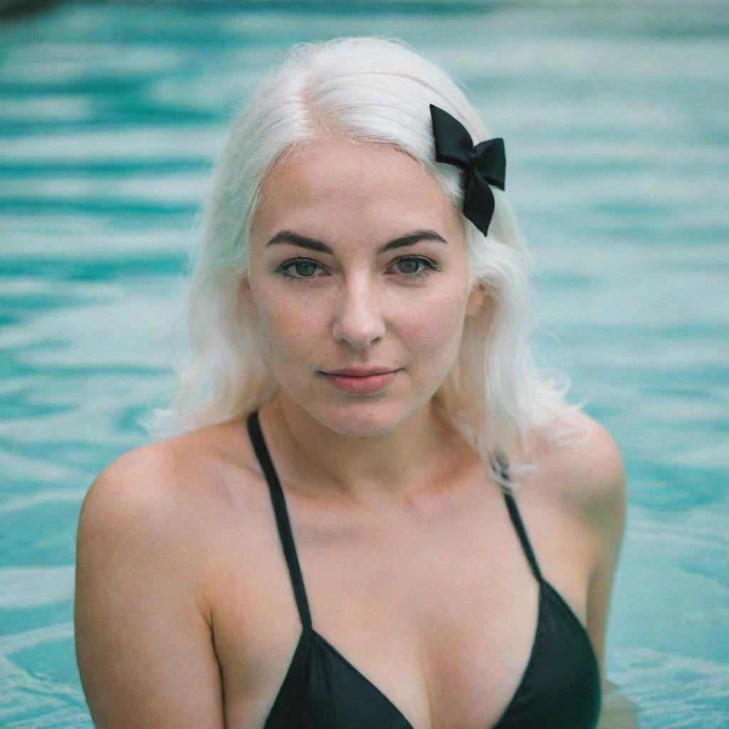 Boudoir photo of a girl 30 years, average build, with white hair in black swimsuit swimming. Proportional long square facial features, dimples in the cheeks, bow lips, large black eyebrows, smooth green medium eyes, swarthy skin.